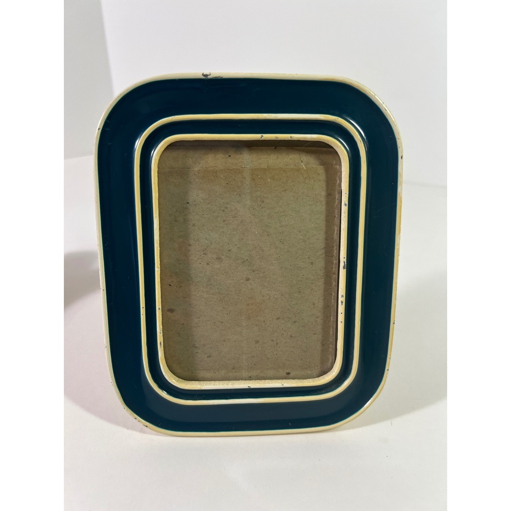 Vintage MCM Metal Enamel Picture Frame Teal Cream 4.5 x 5.5" Chips